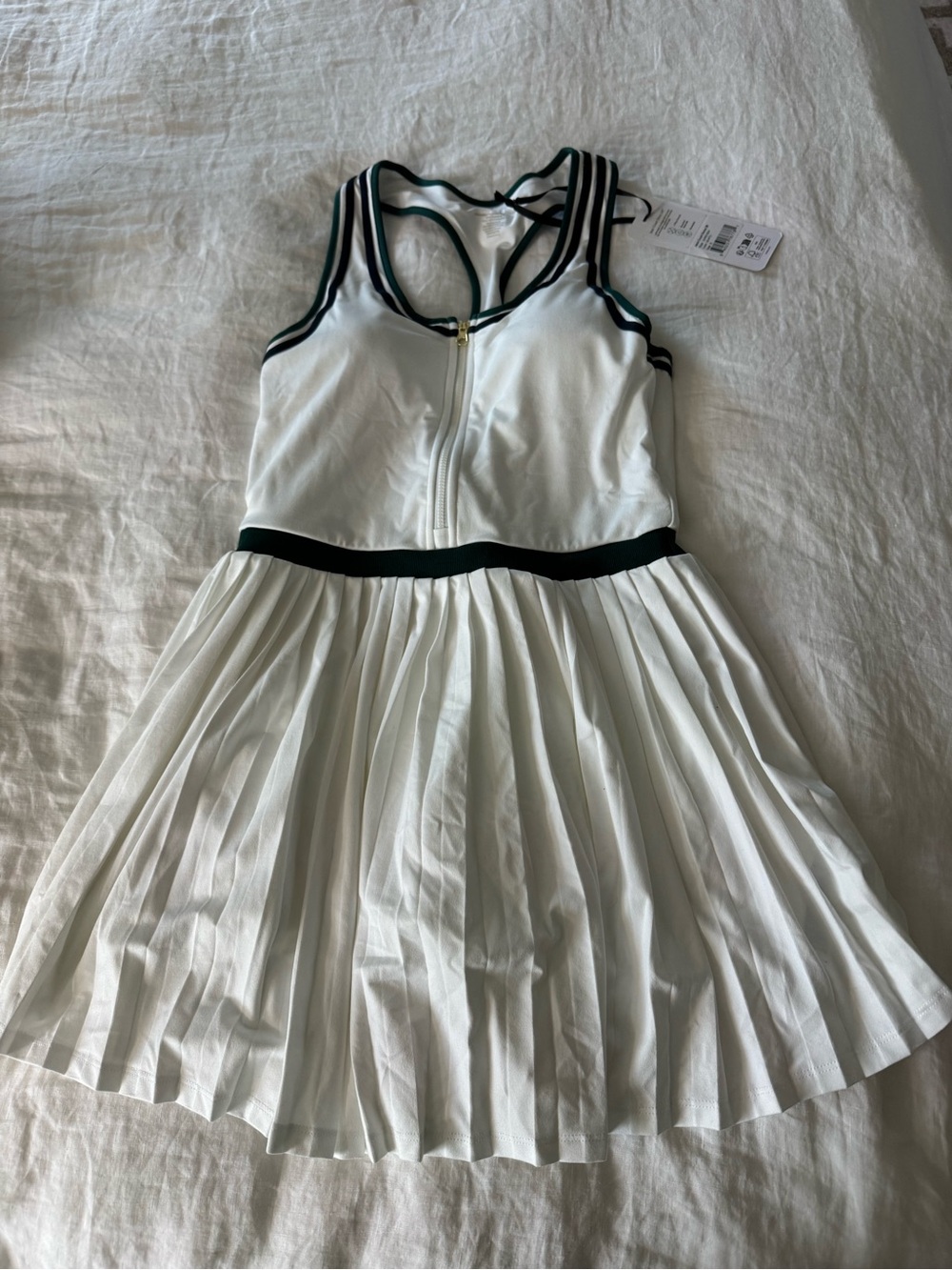 Varley White Pleated Tennis Dress with Dark Green Trim